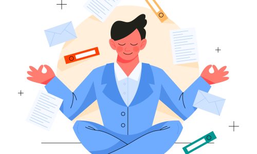 Man in lotus pose. Employee meditate against stress. Deadline and stress management concept. Idea of many work and few time. Flat vector illustration